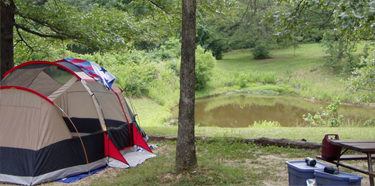 Tent near lake at Meramec Campground
